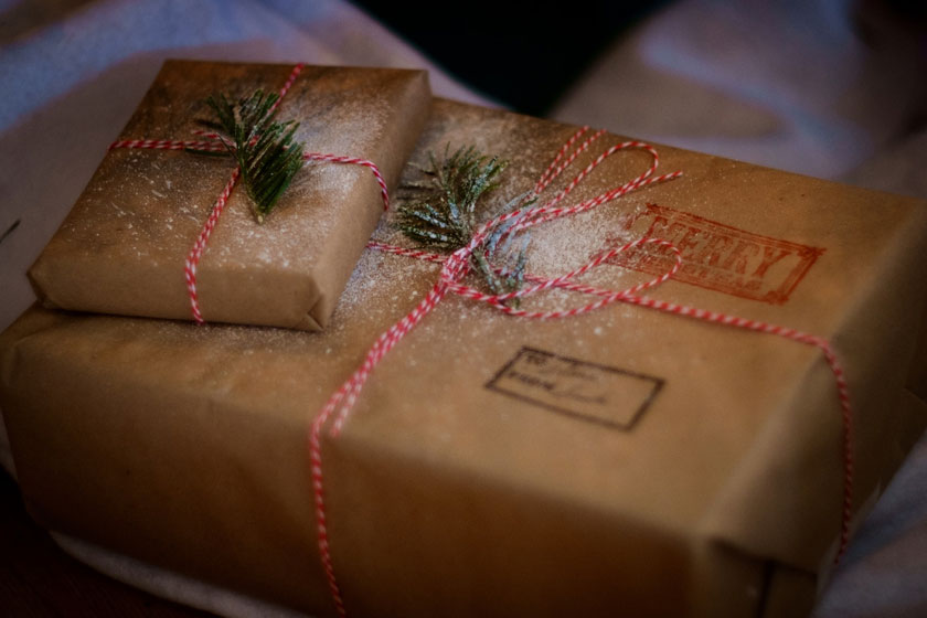 Christmas gift wrapped in brown paper