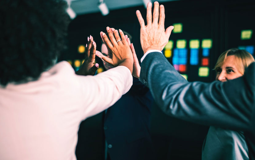 employees high-fiving in a circle